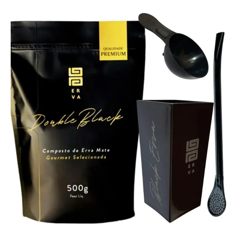 Kit Tereré Black Erva Mate 500g + Copo Quadrado + Double Bla
