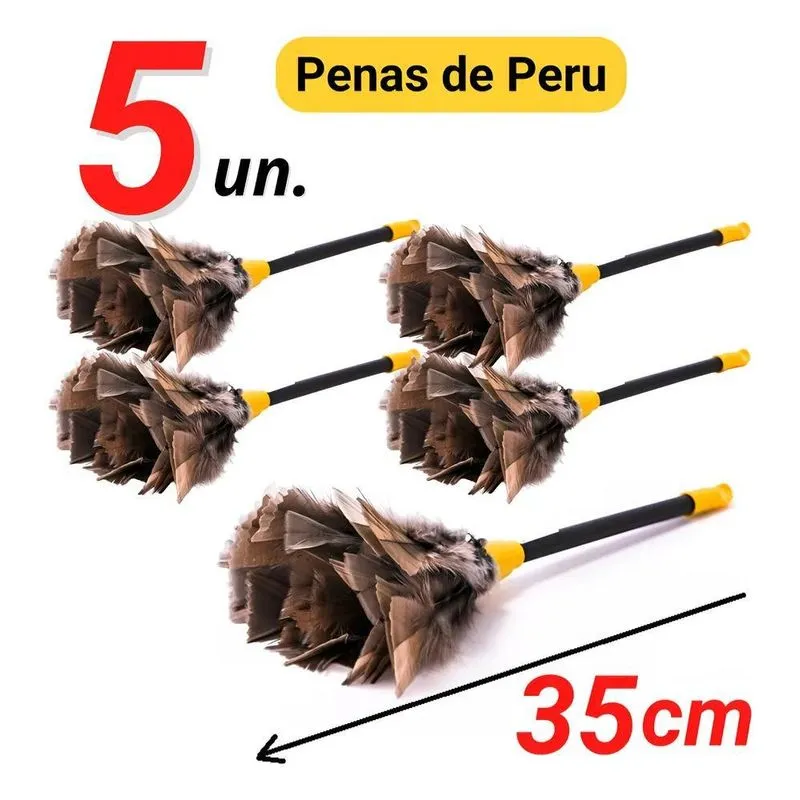 Kit 5 Espanadores Penas Peru 35cm, Penas Naturais, Pó Poeira