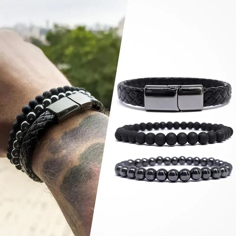 Kit 3 Pulseiras Masculinas Couro Hematita Bolin Preto 19.5 C