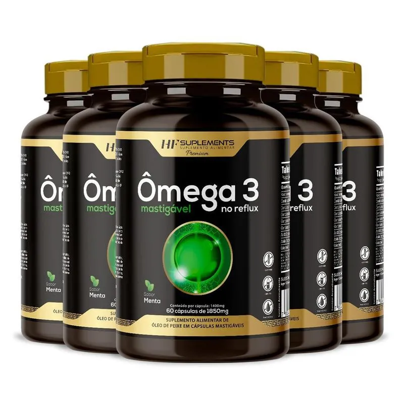 5x Omega 3 Mastigavel Sabor Menta 60caps 1850mg Softgel