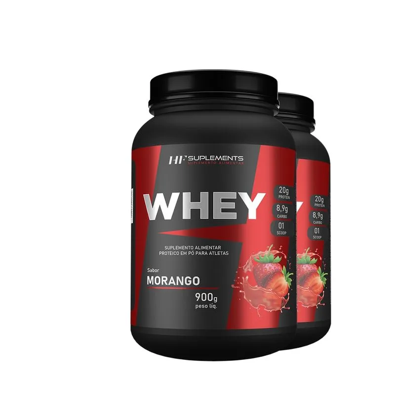 2x whey protein de morango 900G hf suplements proteina + scoop