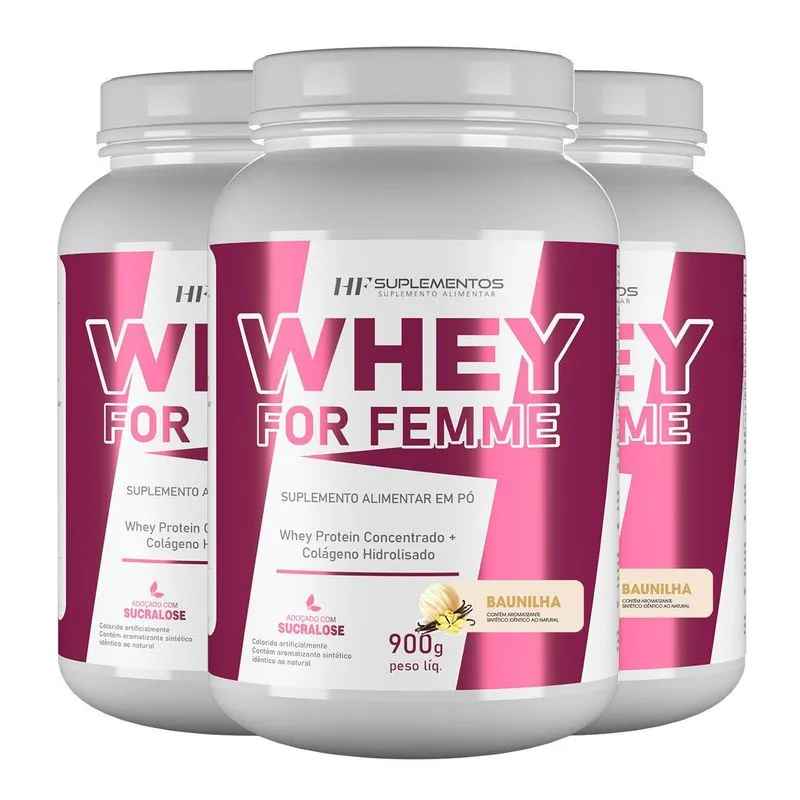 3x Whey For Femme + Colageno Hidrolisado 900g Baunilha Hf