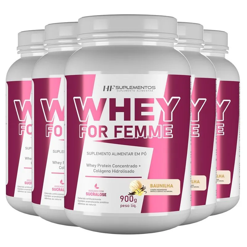 5x Whey For Femme + Colageno Hidrolisado 900g Baunilha Hf