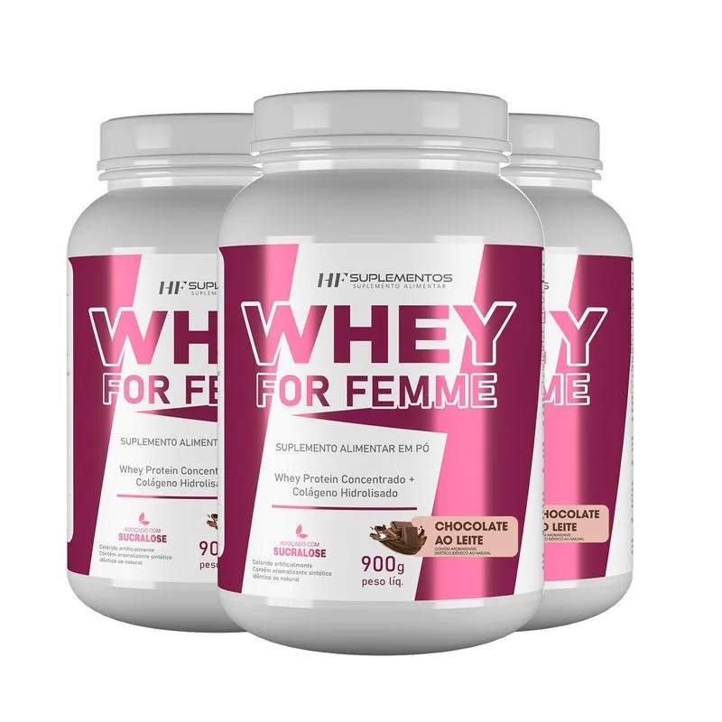 3x Whey For Femme + Colageno Hidrolisado 900g Chocolate Hf