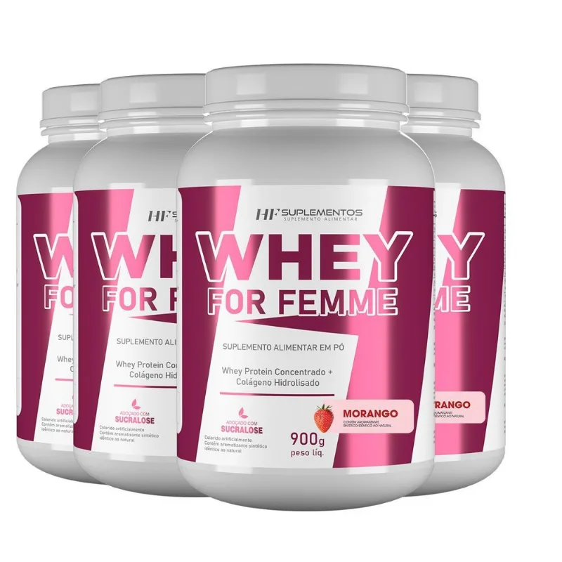 4x Whey For Femme + Colageno Hidrolisado 900g Morango Hf