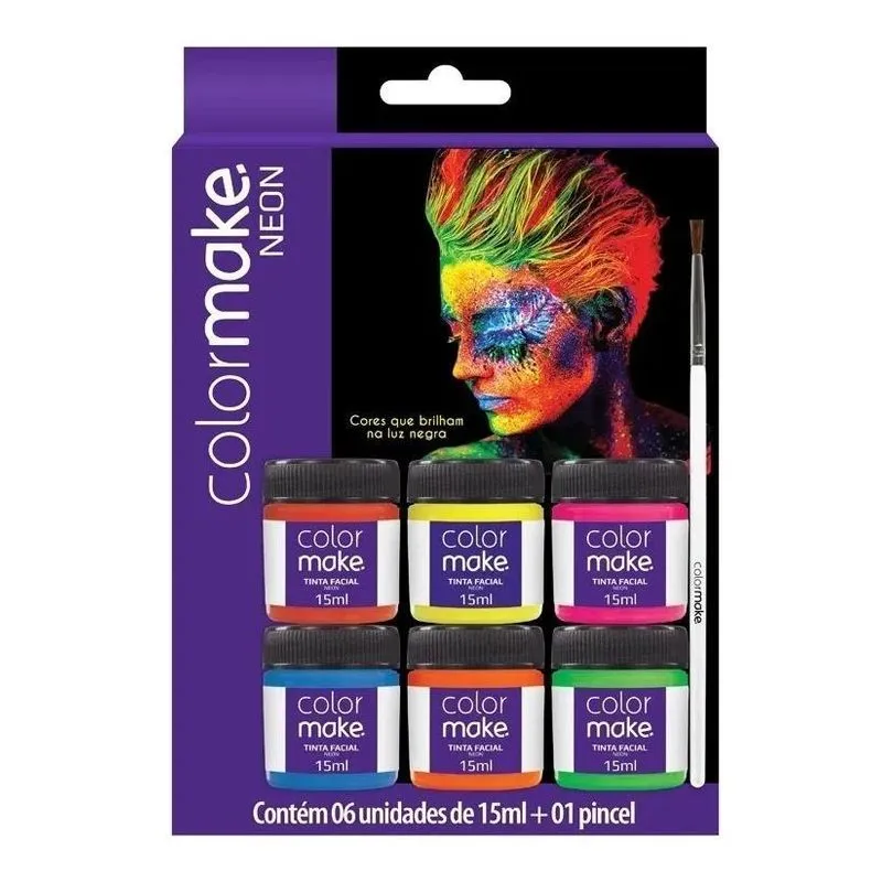 3x Tinta Facial Neon Fluorescente Liquida Com 6 Cores + Pinc