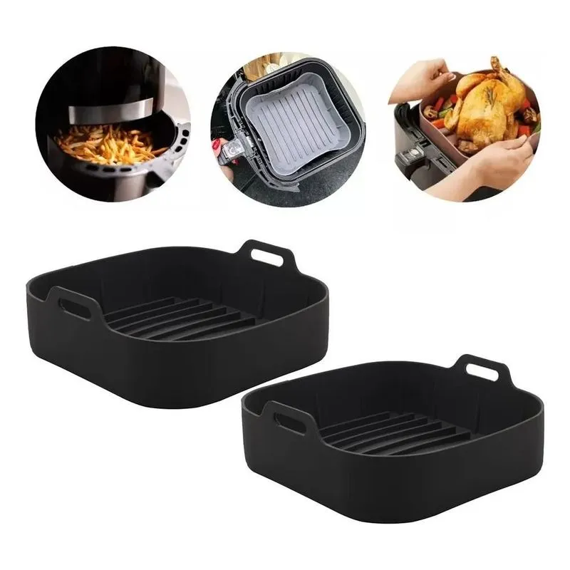 10x Kit 2 Formas Quadrada De Silicone Airfryer Forno Preta