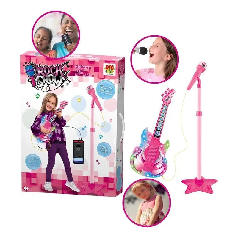 Guitarra Com Microfone E Pedestal Infantil Karaokê Som Mp3 C
