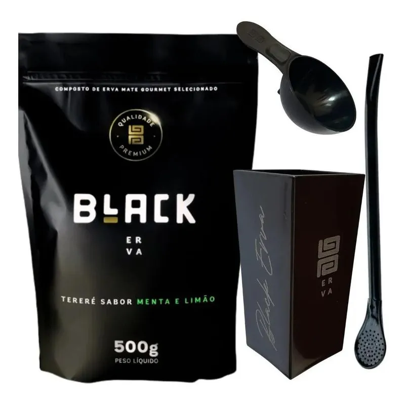 Kit Tereré Black Erva Mate 500g + Copo Quadrado Menta E Lim