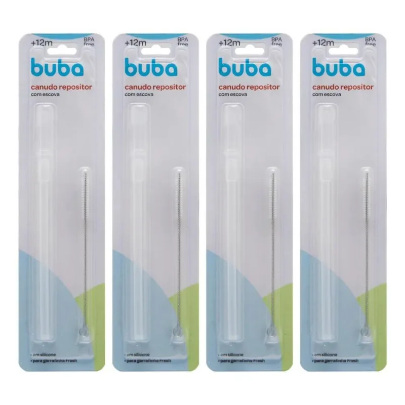 Kit 4 Canudo + 4 Escova Refil Garrafinha Fresh E Dino Buba