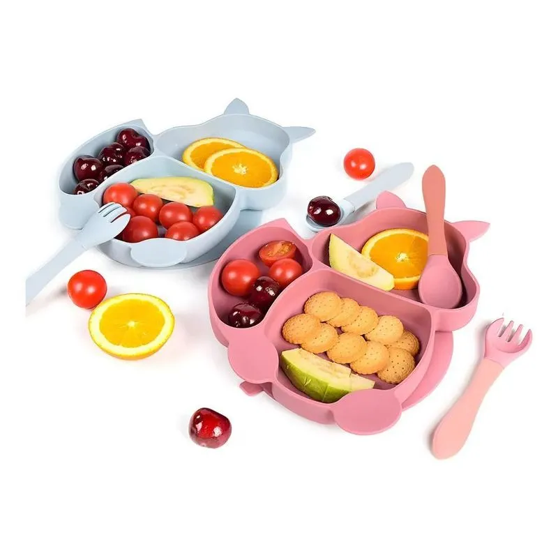 Prato Infantil Gato Silicone Divisória Ventosa Garfo Colh Ro