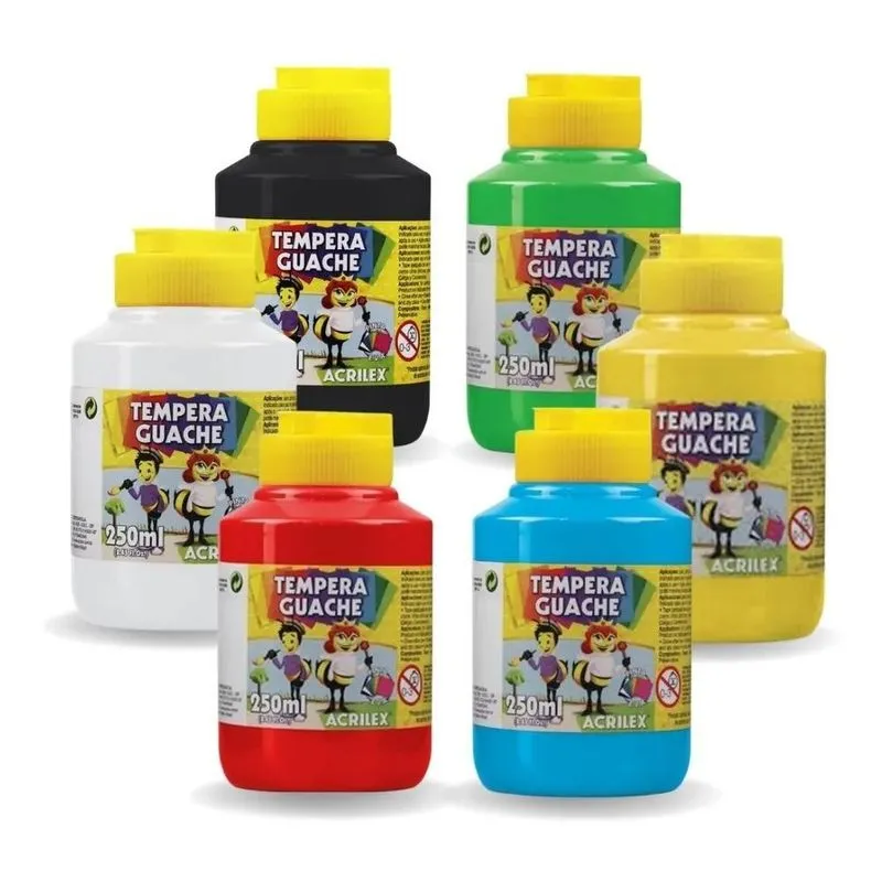 2x Kit Tinta Guache Tempera Escolar 6 Cores 250ml Infantil A