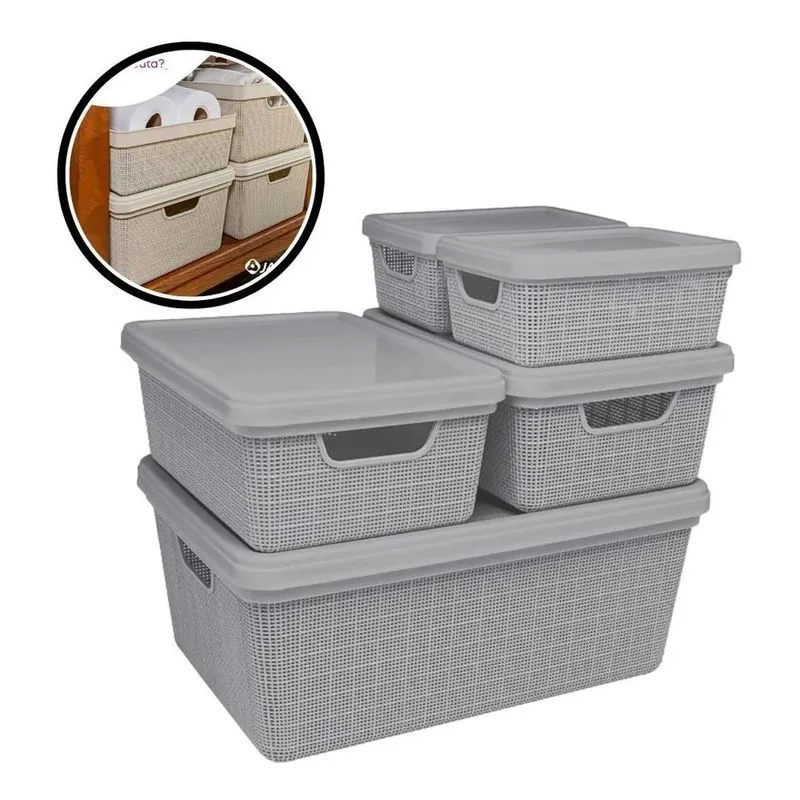 Kit 5 Caixas Organizadoras Cesto Tampa Multiuso 1,8l 5l Cinz