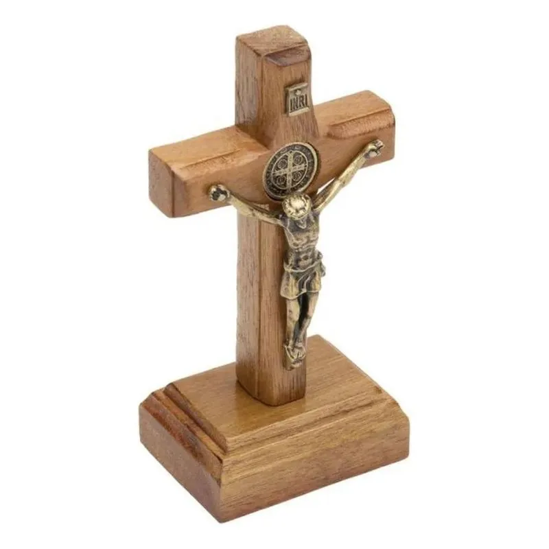 10x Crucifixo Madeira Tradicional 07cm Com São Bento Ouro Ve