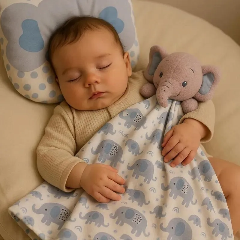 Kit Naninha Com Bichinho Pelúcia E Travesseiro Elefante Azul