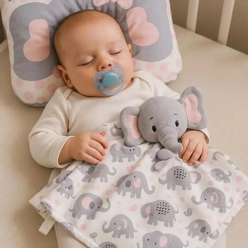 Kit Naninha Com Bichinho Pelúcia E Travesseiro Elefante Rosa