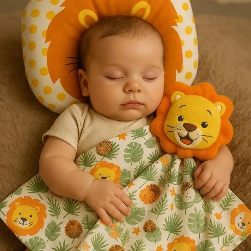 Kit Naninha Com Bichinho Pelúcia E Travesseiro Leão Amarelo