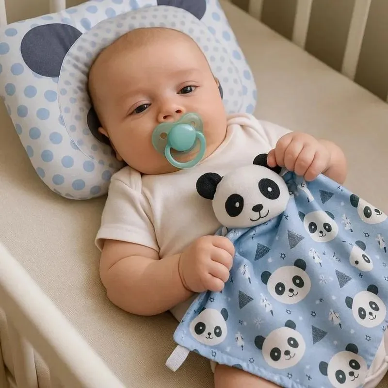 Kit Naninha Com Bichinho Pelúcia E Travesseiro Panda Azul