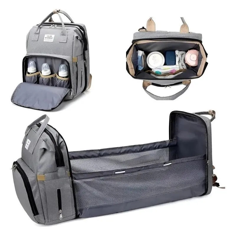 Bolsa Mochila Maternidade Térmica Vira Berço Bebê Infa Cinza