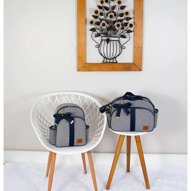 Kit Bolsa Mochila Maternidade C Cinza Com Azul-marinho