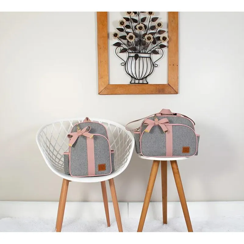 Kit Bolsa Mochila Maternidade Com Laço Cinza Com Rosê