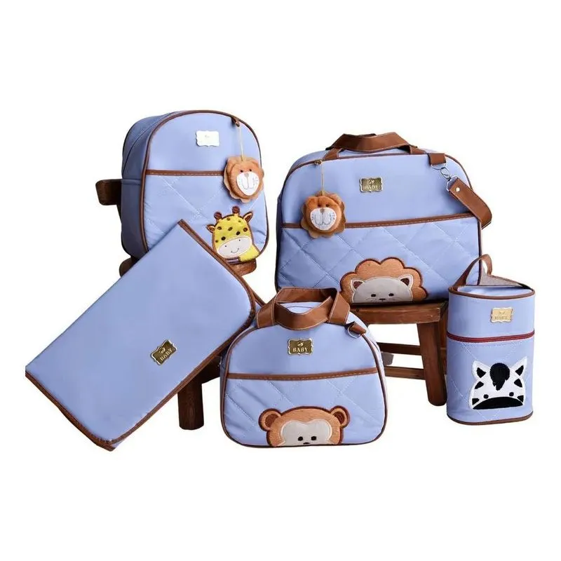 Bolsa Maternidade Bebê Mala Menino 5 Pçs Safa Azul Com Marro