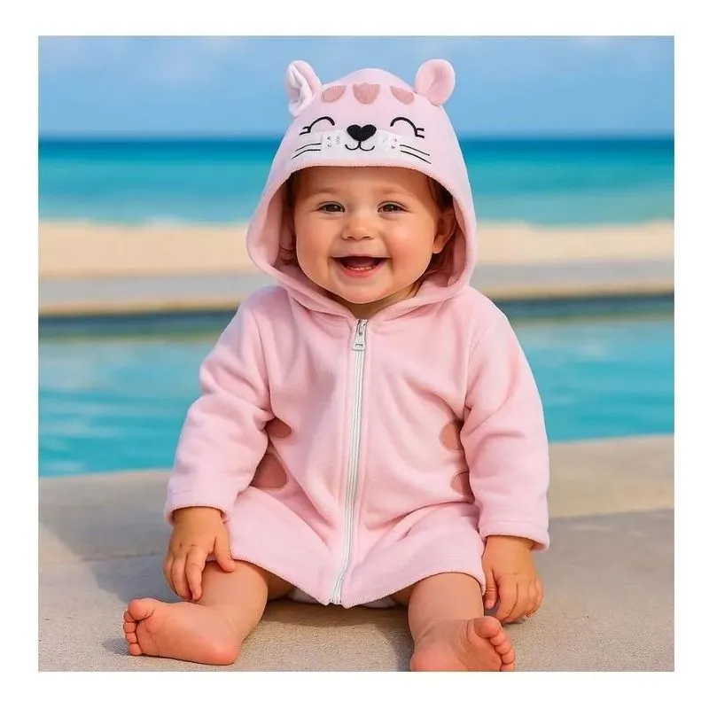 Roupão Infantil Ziper Capuz Forrado Atoalhado Rosa Urso 6 Anos