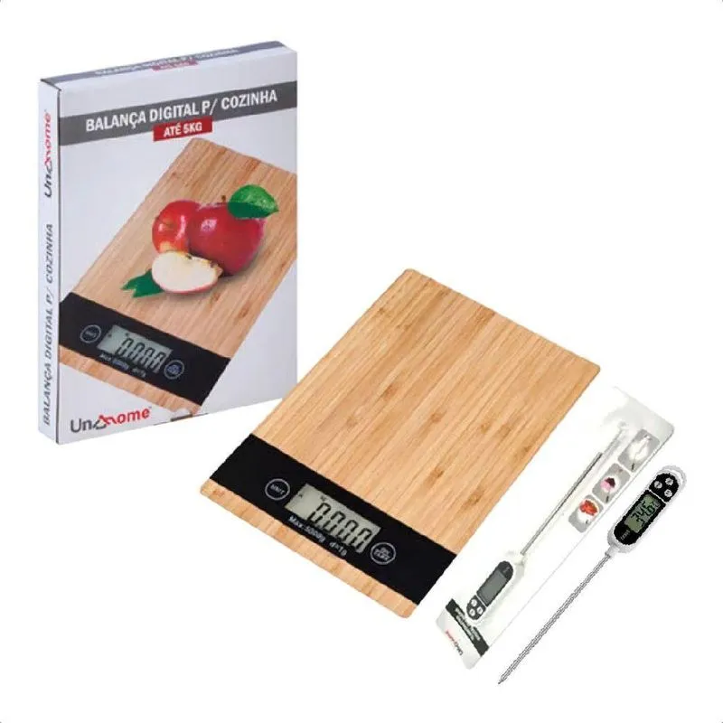 Kit Balança Tampo Madeira 5kg Cozinha E Termômetro Unyhome