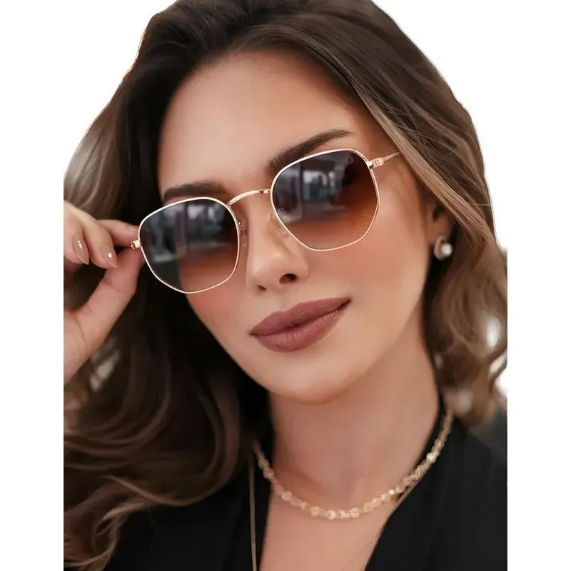 Óculos De Sol Feminino Hexagonal Dourado Preto