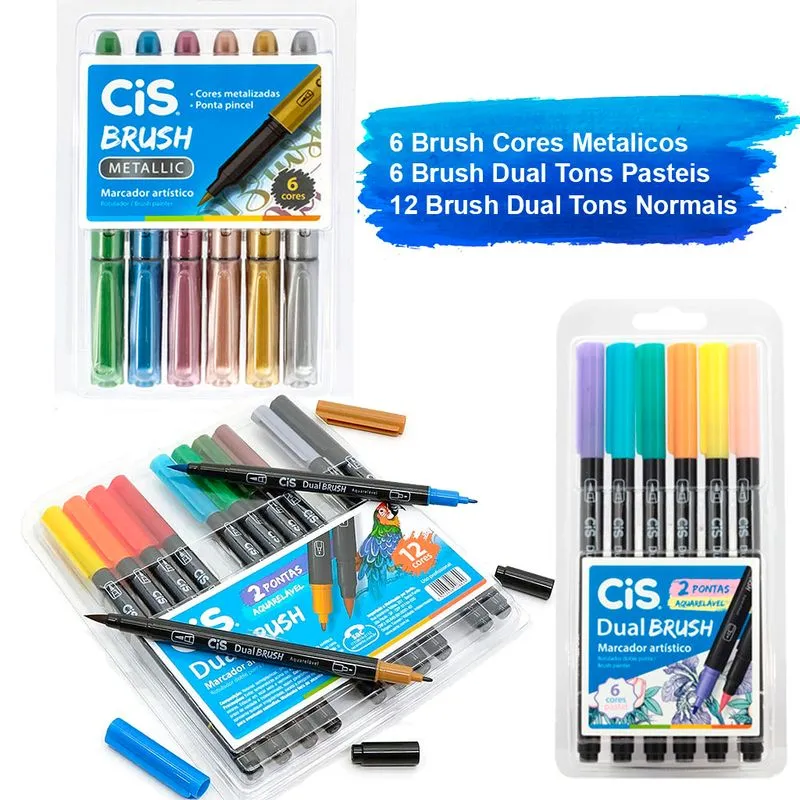 Kit Caneta Brush Pen 24 Unidades Pastel Metalico Normal Cis