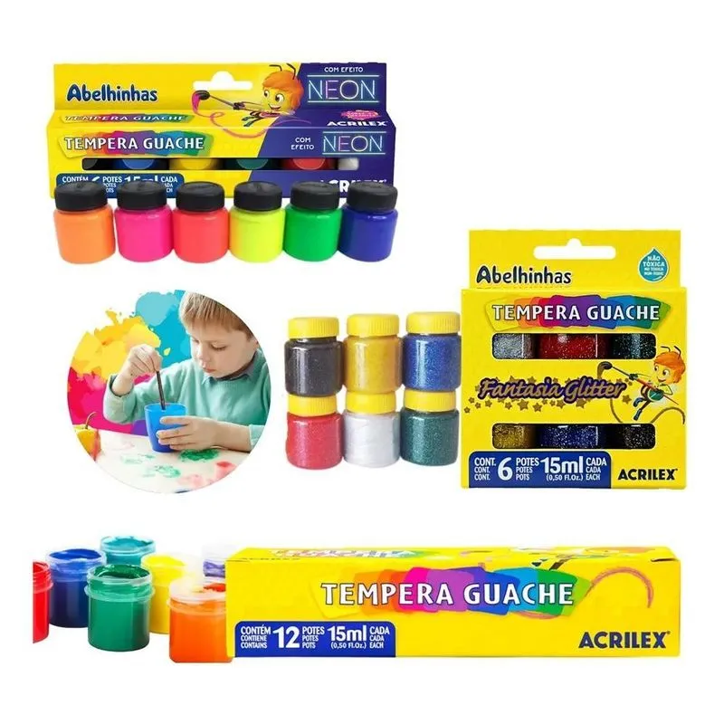 10x Kit Tinta Guache Tempera 24un Acrilex Glitter Neon Esco