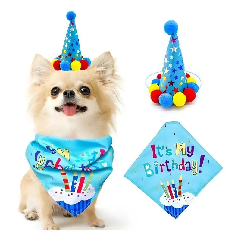 Kit 2 Pçs Chapéu + Bandana Festa Aniversário Pet Cachorro Azul