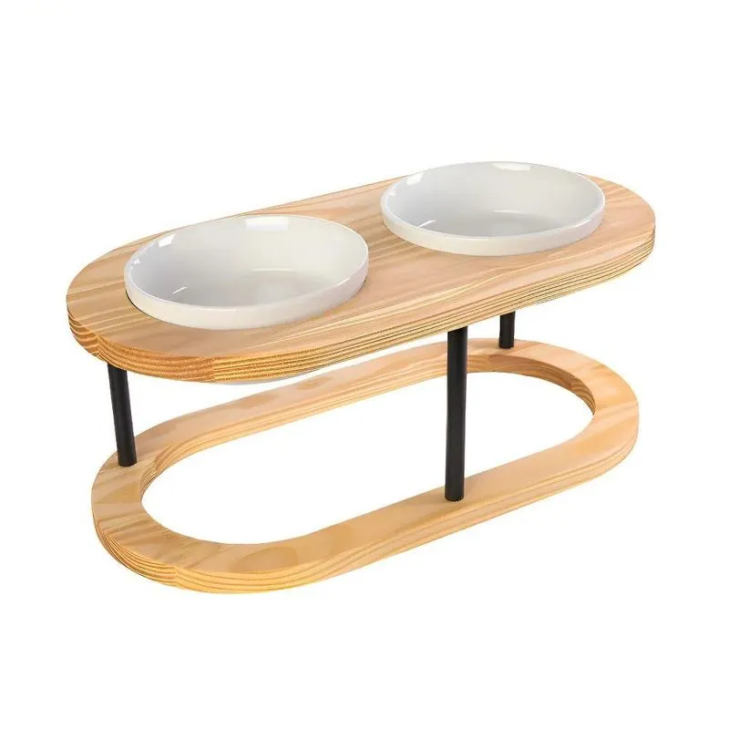 Comedouro Elevado Pet M Duplo Em Madeira E Porcelana