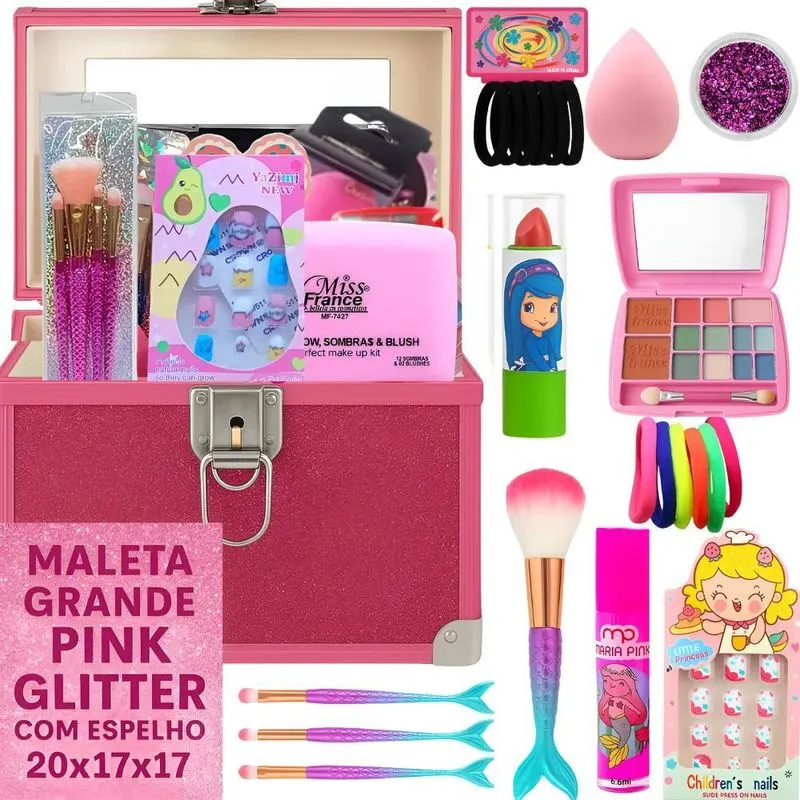 2x Kit Maquiagem Infantil Princesa Maleta Rosa Pink Glitter