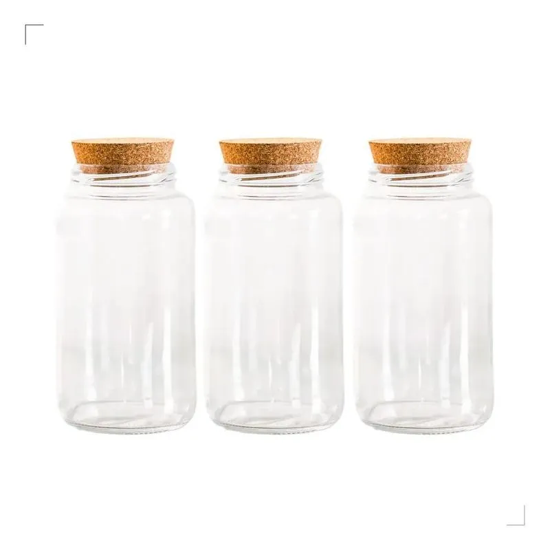 Kit 3 Potes Médios De Vidro 810 Ml Com Tampa Cortiça