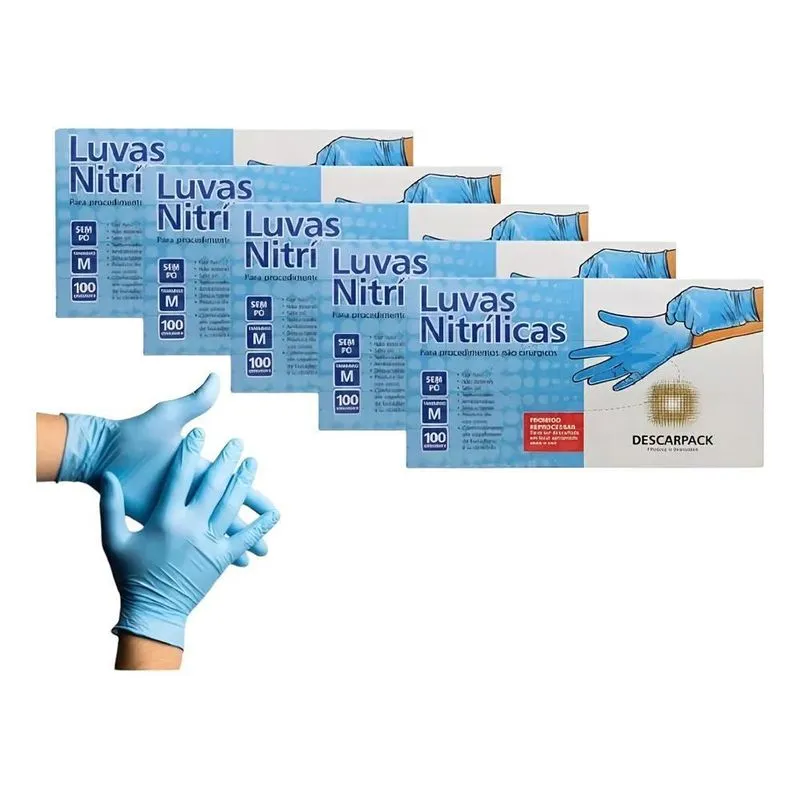 Luvas Nitrílica Descarpack, Kit Com 500 Unidades Azul Sem Pó