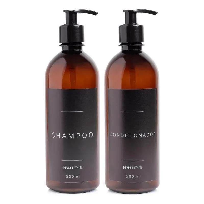 2x Kit Banheiro Frasco Âmbar Shampoo Condicionador Black 500