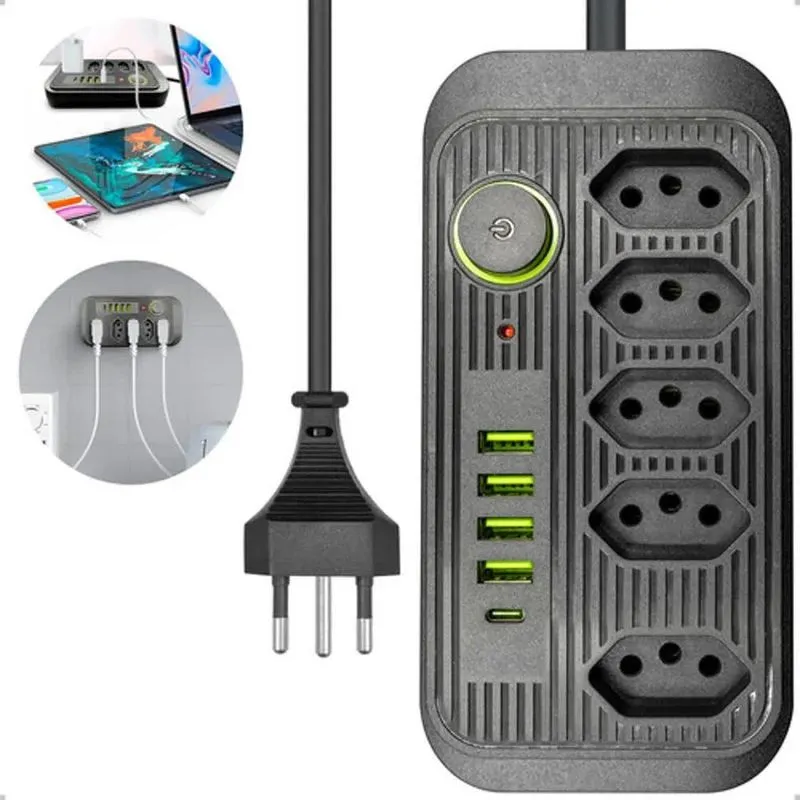 5x Extensão Régua Elétrica 2 Metros 5 Tomadas 4 Usb 1 Usb-c