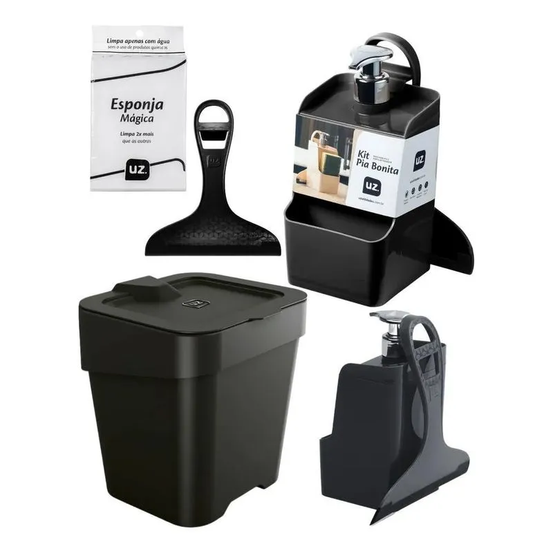 Dispenser Sabão Detergente Lixeira E Rodinho Kit Cozinha
