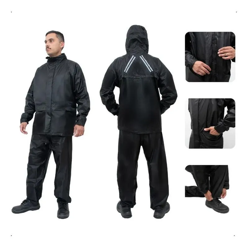 Capa Chuva Motoqueiro Jaqueta Com Touca Calça Nylon Preto