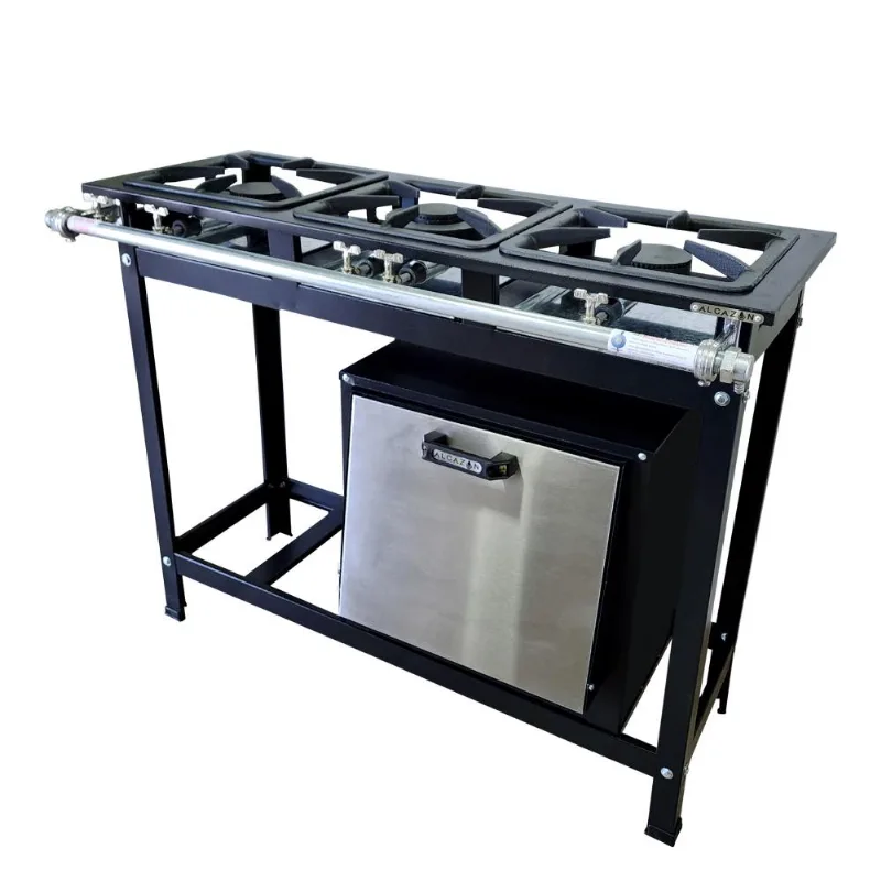 Fogão Baixa Pressão 3 Bocas Alcazon Com Forno 60 Litros Tampa Inox Acz-003+aczf-001
