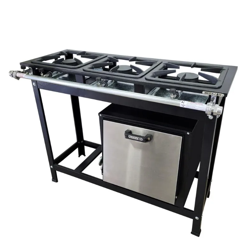 Fogão Alta Pressão 3 Bocas Alcazon Com Forno 60 Litros Tampa Inox Acz-008+aczf-002