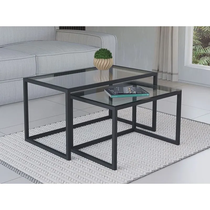 Conjunto Mesa De Centro Industrial 65cm e 60cm Aço Preto Duo Vidro