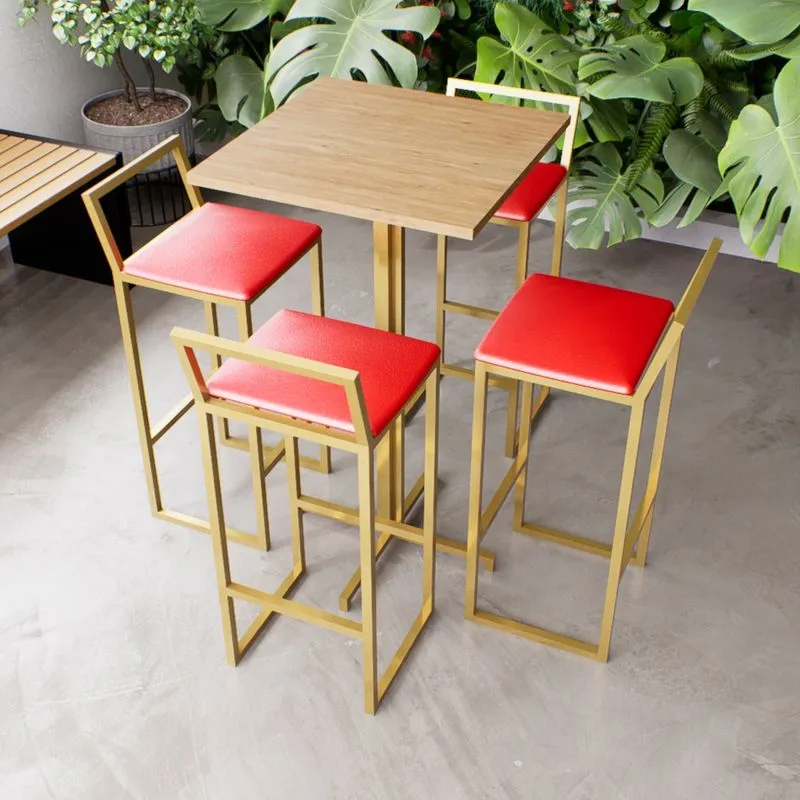 Jogo Mesa Alta Bistrô Quadrada Pinus 4 Banquetas Estofado Confort Industrial Dourado - Vermelho