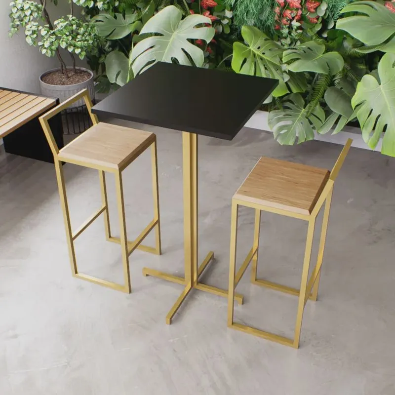 Jogo Mesa Alta Bistrô Quadrada Preta 2 Banquetas Pinus Confort Industrial Dourado