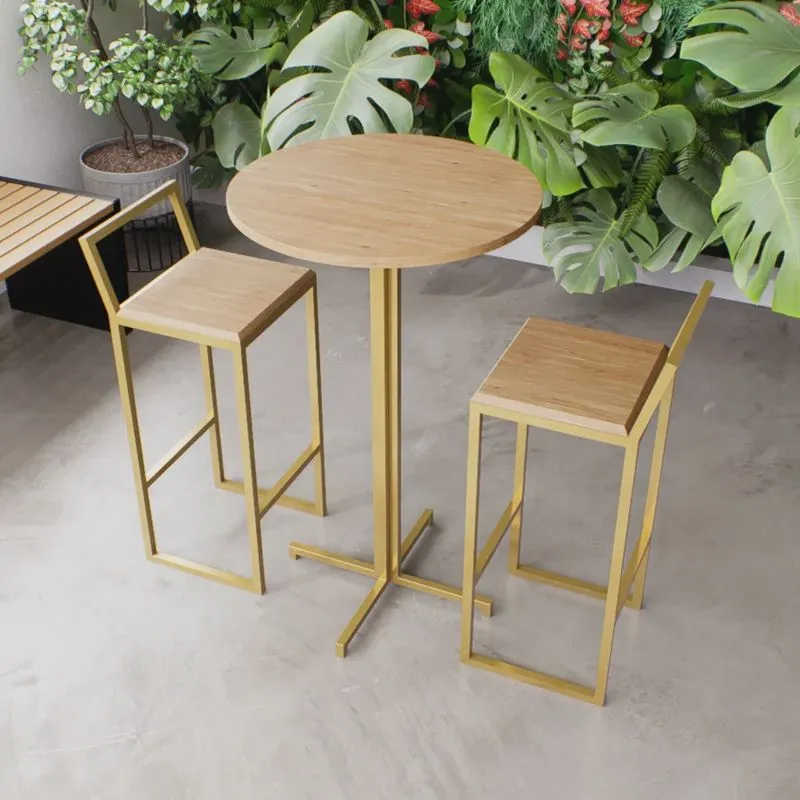 Jogo Mesa Alta Bistrô Redonda 2 Banquetas Pinus Confort Industrial Dourado