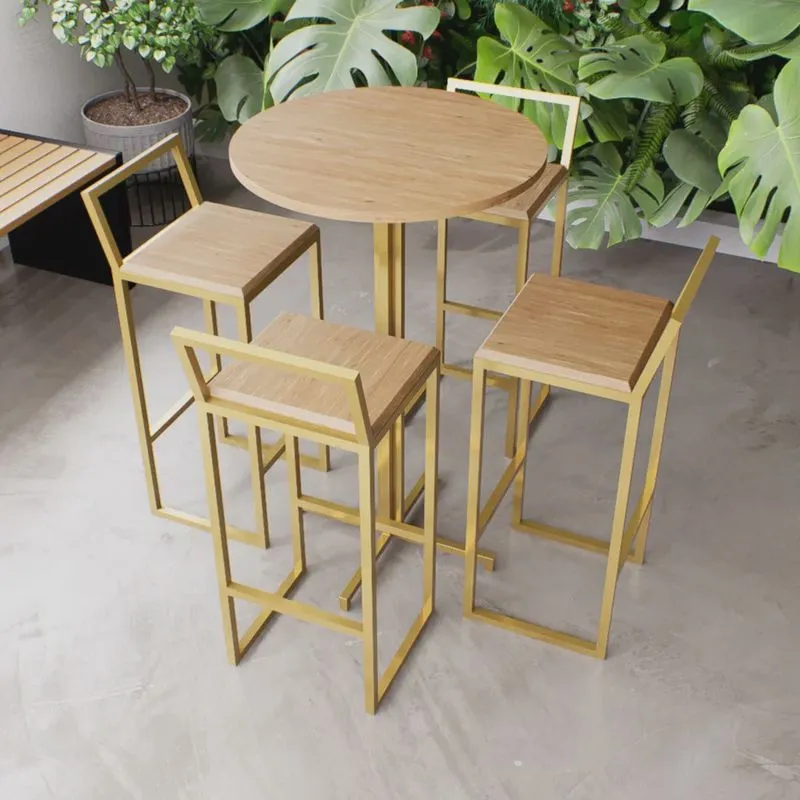 Jogo Mesa Alta Bistrô Redonda 4 Banquetas Pinus Confort Industrial Dourado