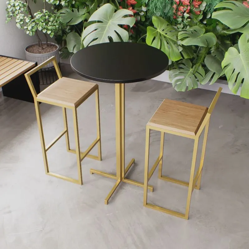 Jogo Mesa Alta Bistrô Redonda Preta 2 Banquetas Pinus Confort Industrial Dourado