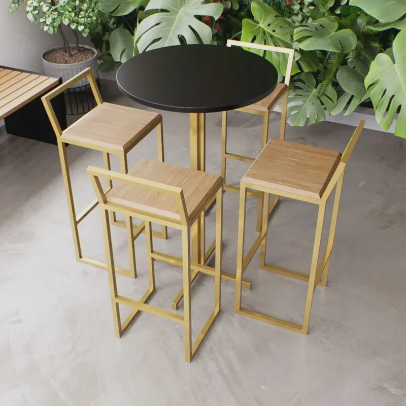 Jogo Mesa Alta Bistrô Redonda Preta 4 Banquetas Pinus Confort Industrial Dourado