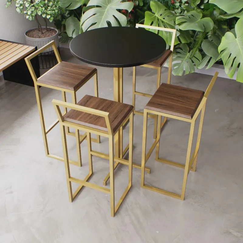 Jogo Mesa Alta Bistrô Redonda Preta 4 Banquetas Imbuia Confort Industrial Dourado